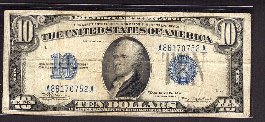 Fr.1702 1934A $10 SC, Fine+